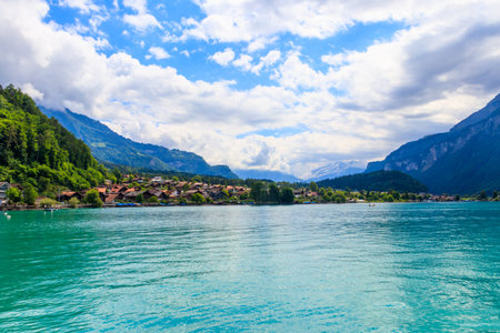 View of the Lake Brienz and Swiss Alps in Brienz, Switzerlandの写真素材