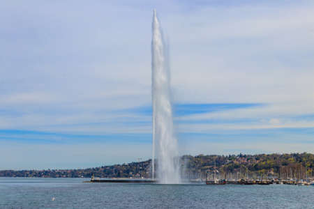 The Jet d'Eau fountain in Lake Geneva in Geneva, Switzerland