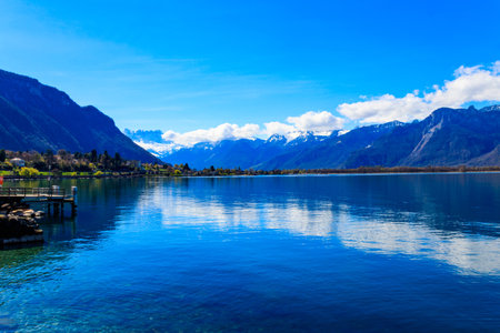 View of the Alps and Lake Geneva in Montreux, Switzerlandの写真素材