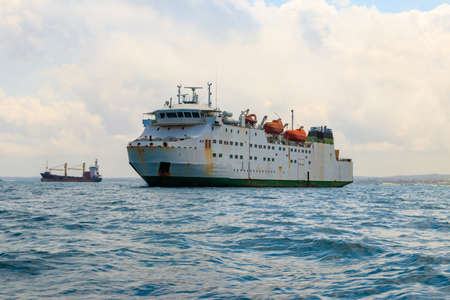 Large industrial ship sailing in the Indian ocean near Zanzibar, Tanzania