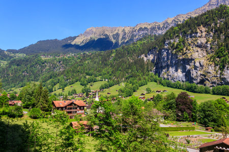 View of Lauterbrunnen village in Lauterbrunnen Valley in Bernese Oberland, Switzerland. Switzerland nature and travel. Alpine sceneryの写真素材