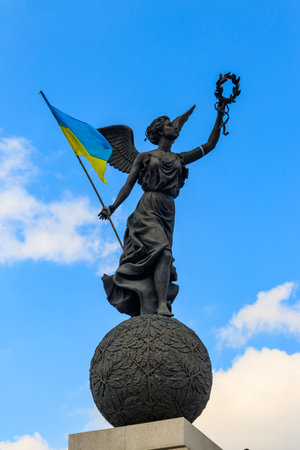 Kharkov, Ukraine - April 5, 2021: Statue of Independence on Constitution Square in Kharkiv, Ukraine. Sculpture "Flying Ukraine" by Alexander Ridny and Anna Ivanovaのeditorial素材