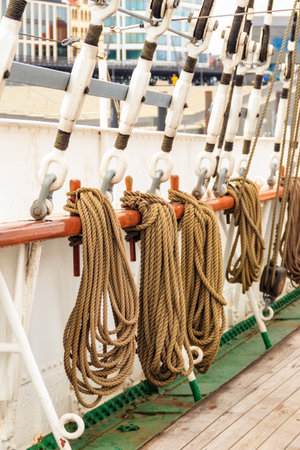 Nautical ropes on a deck of a large ship