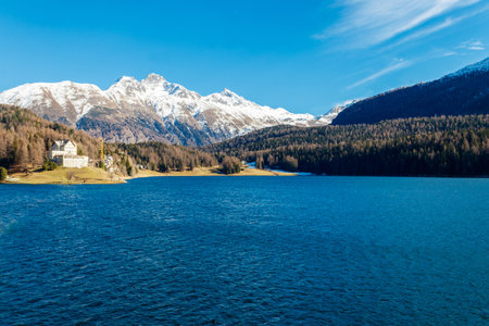 View of St. Moritz lake in Graubunden canton, Switzerland