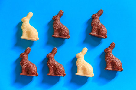 Easter chocolate bunnies on blue background. top viewの写真素材
