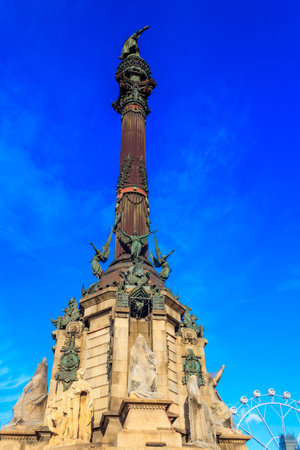 Christopher Columbus monument at the lower end of the famous street La Rambla in Barcelona, Spainの写真素材