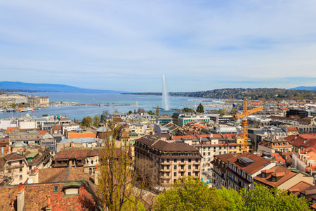 Panoramic view of the city of Geneva, Lake Geneva and Jet d'Eau fountain in Switzerland. View from...