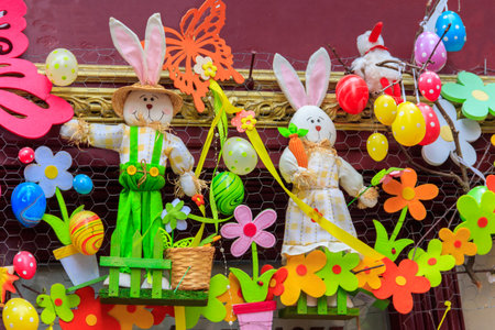 Showcase of the shop with Easter decorationの写真素材