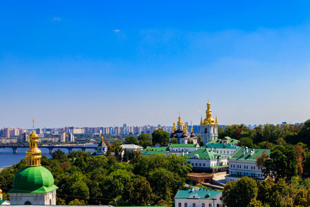 View of Kiev Pechersk Lavra (Kiev Monastery of the Caves) and the Dnieper river in Ukraineの写真素材