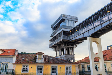 Santa Justa lift in Lisbon, Portugal. Famous landmark and entertaining tourist attraction with...