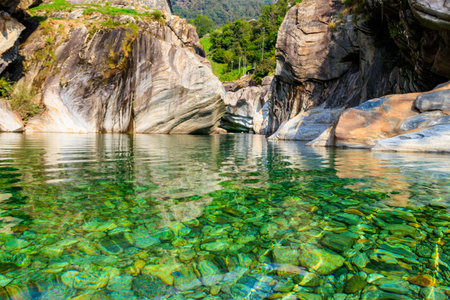 View of the Verzasca river in Lavertezzo, Verzasca Valley, Ticino Canton, Switzerlandの写真素材