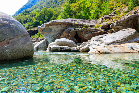 View of the Verzasca river in Lavertezzo, Verzasca Valley, Ticino Canton, Switzerlandの写真素材