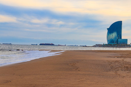 View of Barceloneta beach in Barcelona, Catalonia, Spainの写真素材