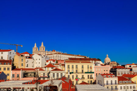 View of Alfama, the oldest neighborhood of Lisbon, from Santa Luzia viewpoint in Lisbon, Portugalの写真素材
