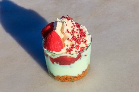 Strawberry trifle with whipped cream, berry sauce and cookie crumbs in a glass on a gray concrete backgroundの写真素材