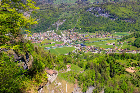 Panoramic view of Meiringen, near Reichenbach falls (Reichenbachfall) at the Swiss Alps in Switzerlandの写真素材