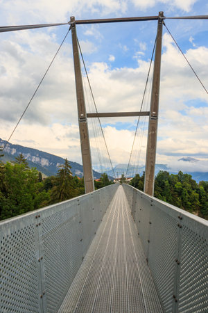 Suspension pedestrian panorama bridge over the Gummi gorge in Sigriswil, Switzerlandの写真素材