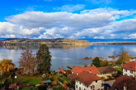View of the Lake Murten at autumn from Murten city, Switzerlandの写真素材