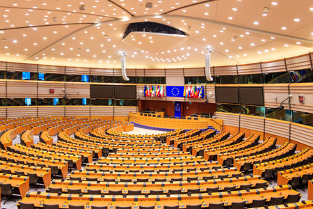 Brussels, Belgium - January 20, 2023: Interior of the plenary room of the European parliament in...