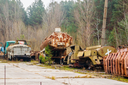 Old rusty abandoned damaged trucks in Chernobyl exclusion zone, Ukraineの写真素材