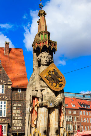 Bremen, Germany - April 2, 2022: Statue of Roland on the Market Square in Bremen, Germanyのeditorial素材