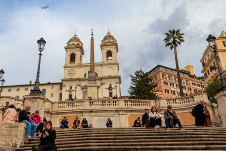 Rome, Italy  - March 3, 2023: Tourists at Spanish Steps in Square of Spain in Rome, Italyのeditorial素材