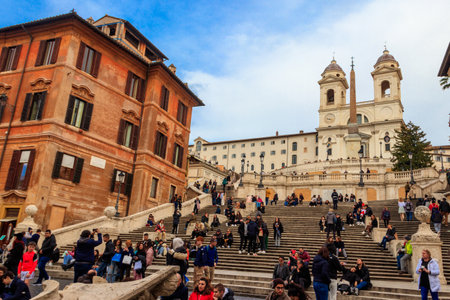 Rome, Italy  - March 3, 2023: Tourists at Spanish Steps in Square of Spain in Rome, Italyのeditorial素材