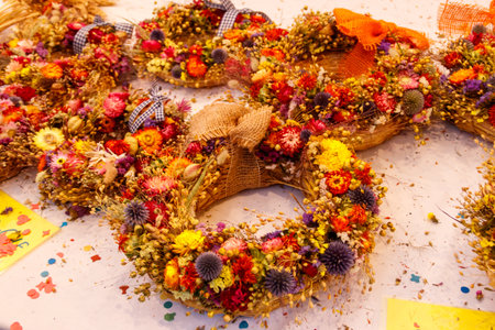 Dried flowers arranged in a beautiful wreathsの写真素材