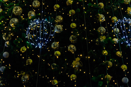 Detail of decorated Christmas tree with xmas lights