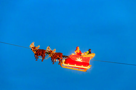 Montreux, Switzerland â November 27, 2022: Santa Claus flying in his sleigh pulled by his reindeer during the Christmas market in Montreux, Switzerlandのeditorial素材