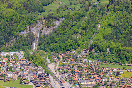 Panoramic view of Meiringen, near Reichenbach falls (Reichenbachfall) at the Swiss Alps in Switzerlandの写真素材