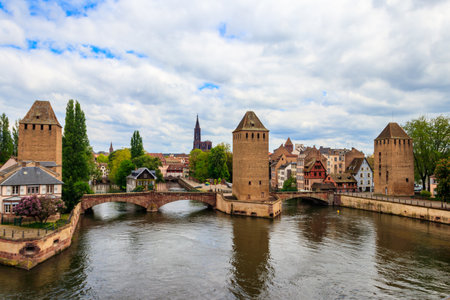 View on medieval bridge Ponts Couverts over the River Ill in Strasbourg, Alsace, France