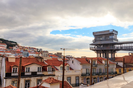 Santa Justa lift in Lisbon, Portugal. Famous landmark and entertaining tourist attraction with viewing platform upstairsの写真素材
