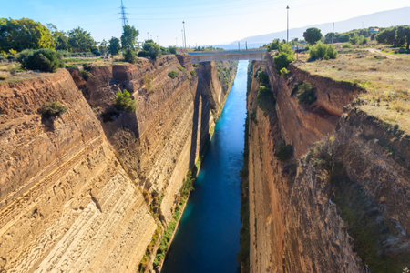 The Corinth Canal is a canal that connects the Gulf of Corinth with the Saronic Gulf in the Aegean Sea in Greeceの写真素材