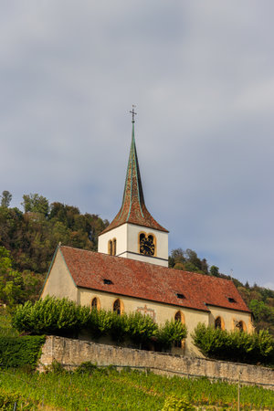 Church in Ligerz, canton of Bern, Switzerlandの写真素材