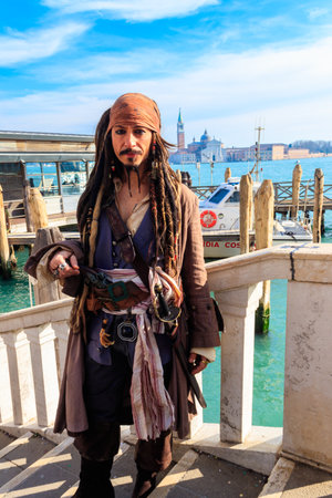 Venice, Italy - February 11, 2023: Portrait of man dressed as pirate Jack Sparrow during the annual Venice Carnival in Venice, Italyのeditorial素材