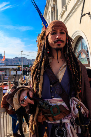 Venice, Italy - February 11, 2023: Portrait of man dressed as pirate Jack Sparrow during the annual Venice Carnival in Venice, Italyのeditorial素材