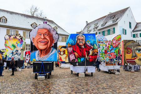 Basel, Switzerland - February 28, 2023: Cathedral square with carnival lantern exhibition during...