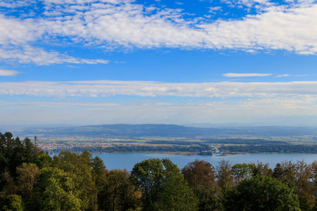 Aerial view of Biel lake from Preles in Bern canton, Switzerlandの写真素材