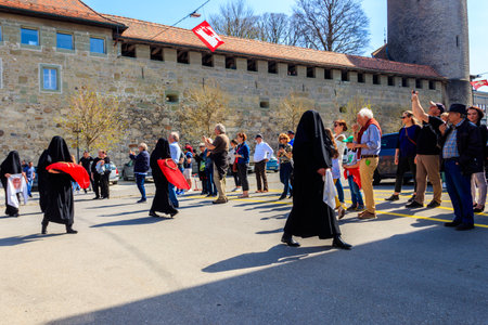 Romont, Switzerland - April 15, 2022: Good Friday Procession in Romont, Friborg canton, Switzerland