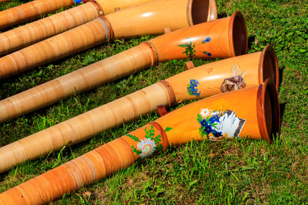 Alphorns laying on the grass on the alpine meadowの写真素材