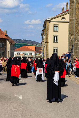 Romont, Switzerland - April 15, 2022: Good Friday Procession in Romont, Friborg canton, Switzerlandのeditorial素材