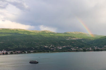 Beautiful rainbow over Lake Ohrid in Ohrid, North Macedonia