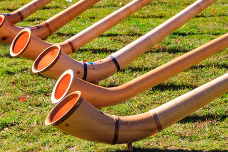 Alphorns laying on the grass on the alpine meadowの写真素材