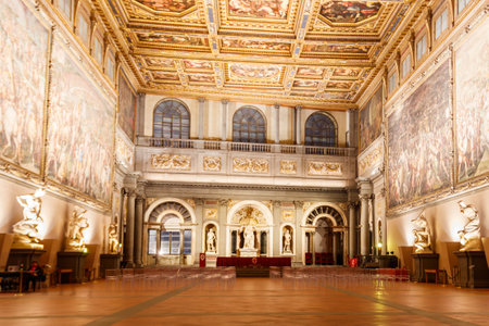 Florence, Italy - November 7, 2022 : Interior decoration of The Salone dei Cinquecento (Hall of the Five Hundred) in Palazzo Vecchio, Florence, Tuscany, Italyのeditorial素材