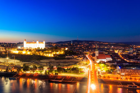 View of Bratislava castle, old town and the Danube river from observation deck the bridge in...