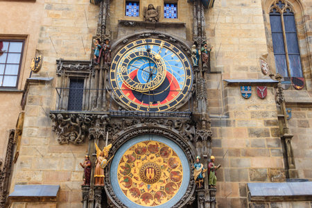 Prague astronomical clock or Prague Orloj is a medieval astronomical clock attached to the Old Town Hall in Prague, Czech Republicの写真素材