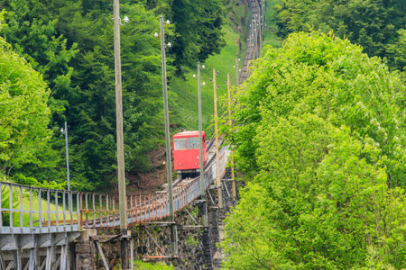 Red funicular to Niesen mountain in Switzerlandの写真素材