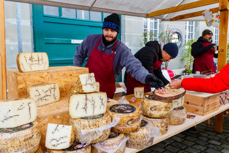 Murten, Switzerland - November 19, 2022: Vendors and buyers at street market in Murten, Switzerlandのeditorial素材