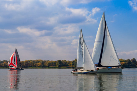 Kremenchug, Ukraine - September 28, 2019: Yachts at sailing regatta on the Dnieper river in Kremenchug, Ukraineのeditorial素材